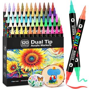 120 Colors Acrylic Paint Markers, Dual Tip Acrylic Paint Pens with Brush Tip for Rock Painting, Wood, Canvas, Stone, Ceramic, Metal, Glass, DIY Crafts Making Art Supplies