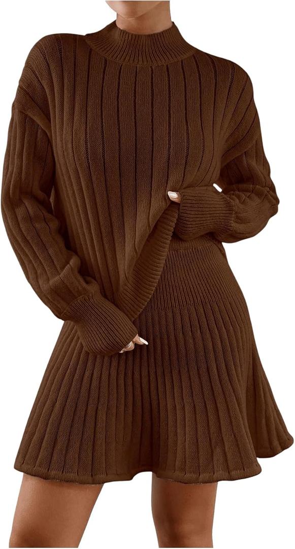 MakeMeChic Women's Sweater Skirt Sets 2 Piece Outfits Ribbed Knit Mock Neck Sweater Pullovers A Line Mini Skirt Set Coffee Brown Large