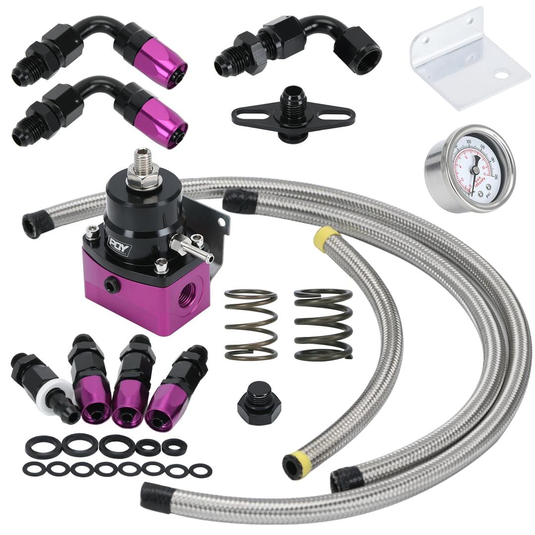 PQY Adjustable Fuel Pressure Regulator Kit 3-70PSI With 6AN Return and 6AN feed Port with AN6-6AN Fuel Line Hoses Connectors (black+purple)
