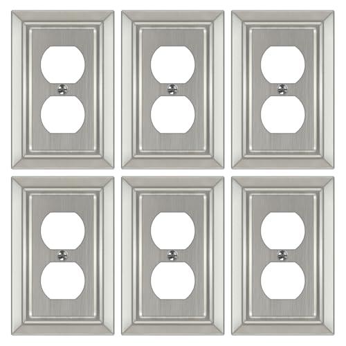 Dyekou Metal Wall Plate for Electrical Outlets, Decorative Brushed Nickel Switch Plates Outlet Cover, Light Switch Cover Plate, 1-Gang Wall Plates (Duplex Outlet, 6 Pack)