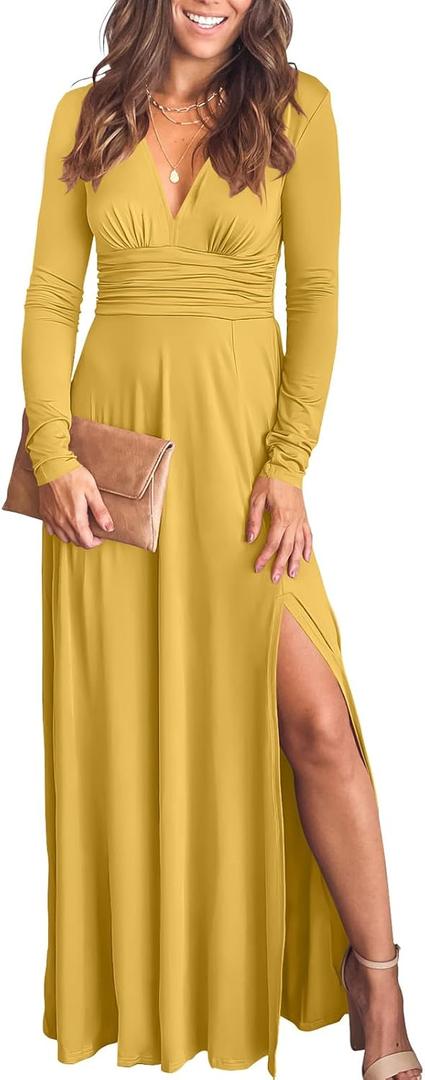 ANRABESS Women Deep V Neck Long Sleeve Slit 2025 Fall Elegant Formal Wedding Guest Cocktail Evening Date Prom Maxi Long Dress (Medium, Z-yellow)