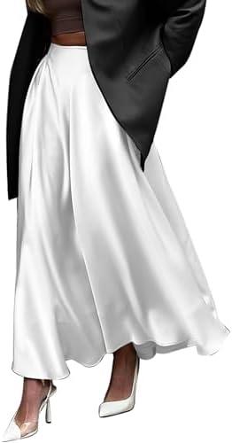 Womens Satin High Waist Elastic Midi Skirt Satin Maxi Skirt Silk Elegant Long Trendy A-Line Midi Skirts.XL