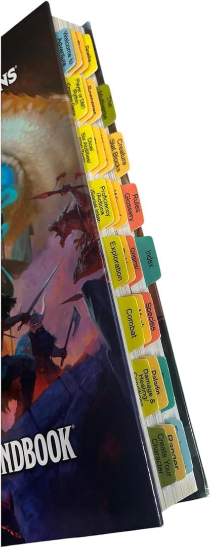 Book Tabs for The D&D Players Handbook (Dungeons & Dragons Core Rulebook) 2024 6th Edition. Laminated, Durable, Color-Coded Repositionable Tabs (Book not Inlcluded)