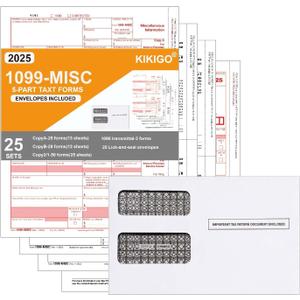 1099 MISC Forms 2025 with Envelopes,25 Vendor Kit of Laser Forms,Compatible with QuickBooks and Accounting Software
