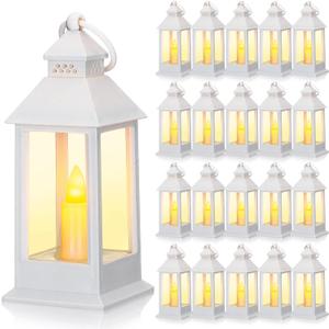 Hoolerry 24 Set Christmas Mini Lanterns with LED Candles 5.5'' Decorative Hanging Small Vintage Lantern Centerpiece Battery Powered for Wedding Table(White)