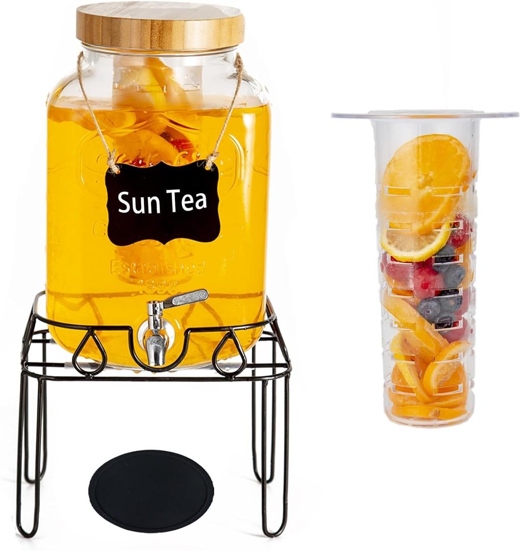 2 Gallon Glass Drink Dispenser with Stand and Bamboo Lid, Lemonade Dispenser with Stainless Steel Spigot, Glass Beverage Dispenser for Parties, Weddings, Kombucha, BBQ