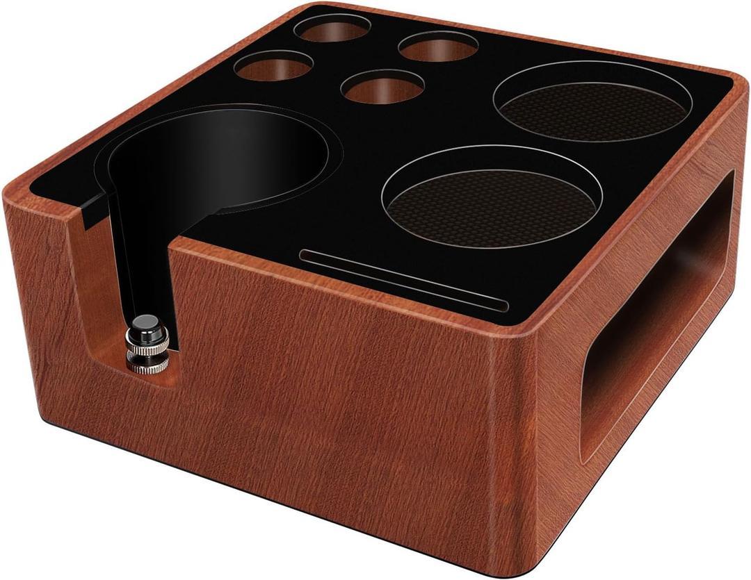 Espresso Tamping Station, Adjustable Height Tamper Station, Multifunctional Espresso Station Fit for 51-58mm Espresso Accessories, Wooden Tamper Station, 9 in 1 Tamping Station (Upgraded Red, 51mm-58mm)