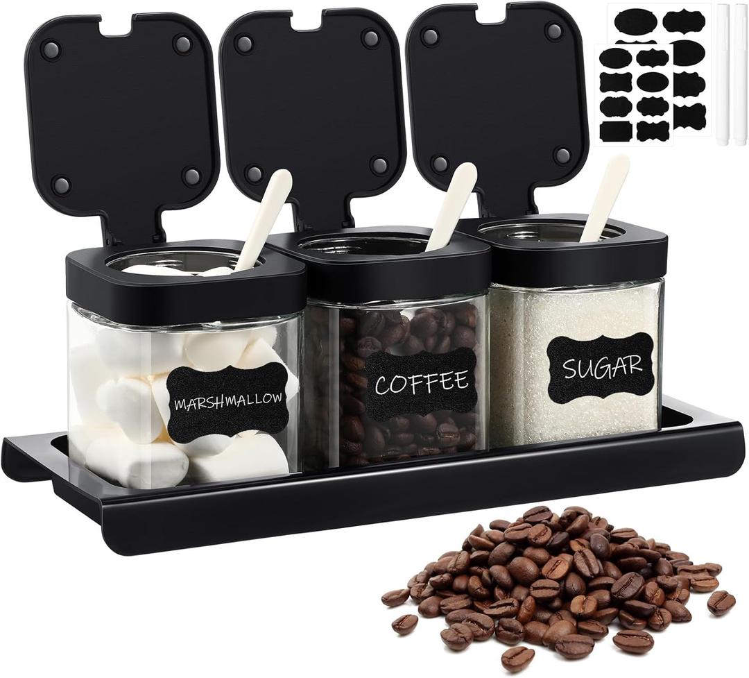 Suclain 3 Pcs Glass Coffee Containers Coffee Station Organizer Set, Airtight Bean Storage Jars with Shelf,labels,spoon, Base and Pen,for Sugar, Candy, Oats, Nuts(Black)