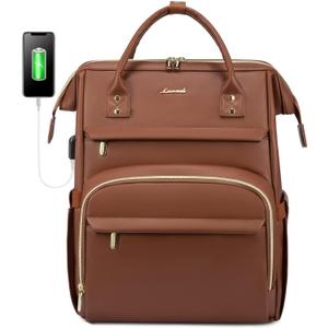LOVEVOOK Leather Laptop Backpack for Women 18 inch,Travel Backpack Purse Nurse Teacher Backpack Computer Laptop Bag,Professional College Business Work Bags Carry On Backpack with USB Port,Brown
