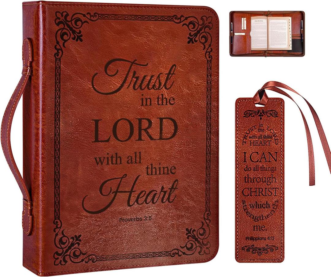 Large Bible Cover Case for Men Women, Mens Bible Covers Cases Leather Bible Cover Carrying Case for Women Men with Handle Zippered Bible Book Cover Holder Bag Case(Brown, L)