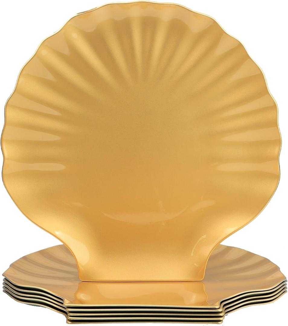 Spsyrine Gold Charger Plates, 13" Set of 6 Scalloped Seashell Plastic Table Chargers for Dinner Plates, Wedding, Thanksgiving Christmas Events, Party, Tabletop Decor.