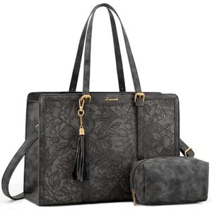 LOVEVOOK Laptop Bag for Women Vintage Leather Work Tote 15.6 inch Large Capacity Computer bag with Clutch Purse for Office, Travel, School, Casual (Mud Gray)