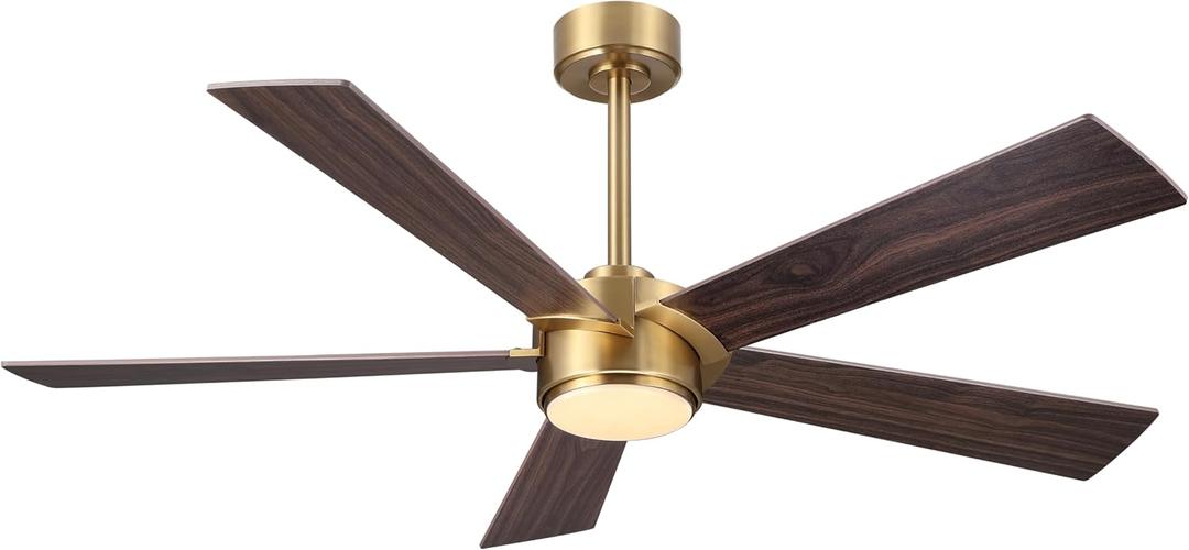 54" Ceiling Fan with Light and Remote Control, Modern Dimmable LED Light, 6-Speed Noiseless Reversible DC Motor, 5 Plywood Ceiling Fan for Kitchen Bedroom Living Room NAB Gold/Walnut (Brown&Gold)