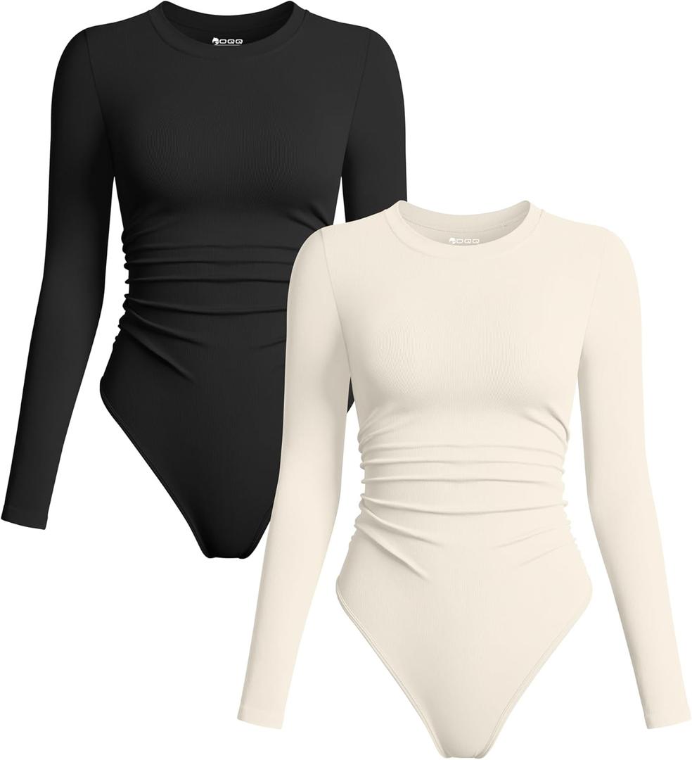 OQQ Womens 2 Piece Bodysuits Crew Neck Long Sleeve Ruched Stretch Fitted Bodysuits (Medium, Black,beige)