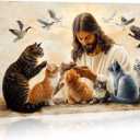 Jesus Canvas Art Christ Wall Decor Framed God Surrounded By Cats Picture Christian Painting Religion Artwork for Living Room Ready to Hang - 16.00"x24.00"