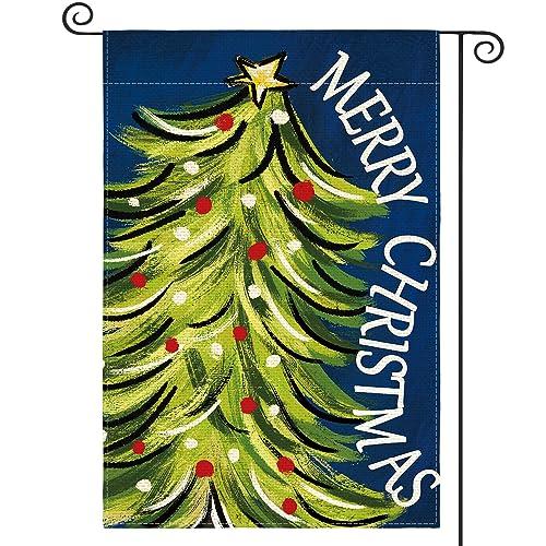 AVOIN colorlife Blue Merry Christmas Garden Flag 12x18 Inch Double Sided, Christmas Tree Xmas Winter Holiday Yard Outdoor Decorative Flag, Pack of 3