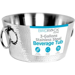 BIRDROCK HOME Hammered Stainless Steel Round Beverage Tub with Handles - Double Wall Insulated 3 Gallons - Metal Drink Cooler & Ice Bucket for Parties - Outdoor Aluminum Holder for Bottles & Soda