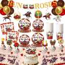 123pcs Derby Day Party Decorations Kentucky Horse Racing Tableware Set Run for the Roses Party Supplies Include Paper Plate Cup Napkin Tablecloth Banner Hanging Swirls Bolloons Topper/Serves 20