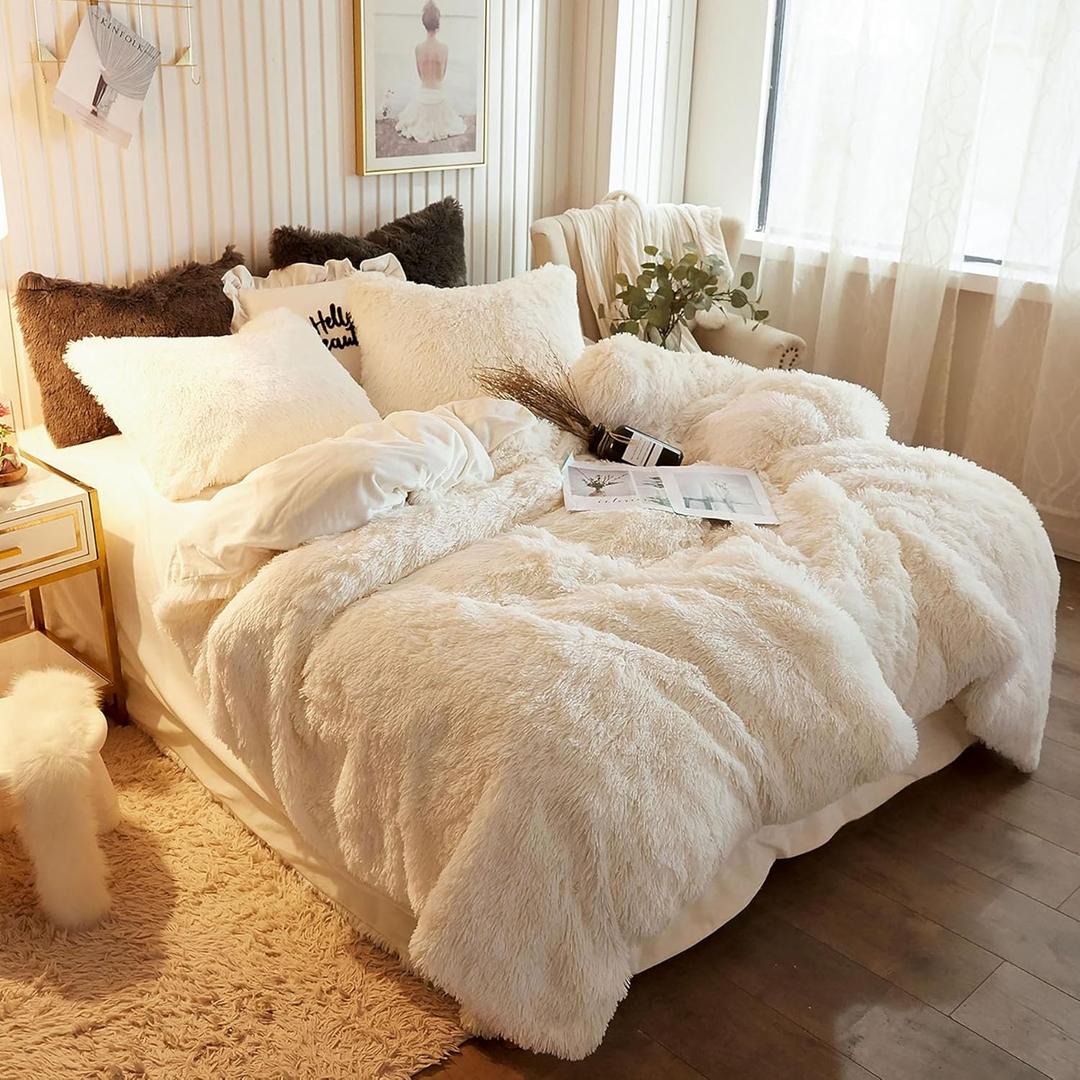 XeGe Plush Shaggy Duvet Cover, Luxury Ultra Soft Crystal Velvet Fuzzy Bedding 1PC(1 Faux Fur Duvet Cover), Fluffy Furry Comforter Cover with Zipper Closure(Queen, Light Beige)