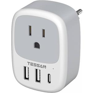 TESSAN  European Travel Plug Adapter, Europe Power Converter 4 Outlets 3 USB(1 USB C PD 20W), Type C International Adaptor to Italy Spain France Portugal Iceland Germany, EU Travel Essentials