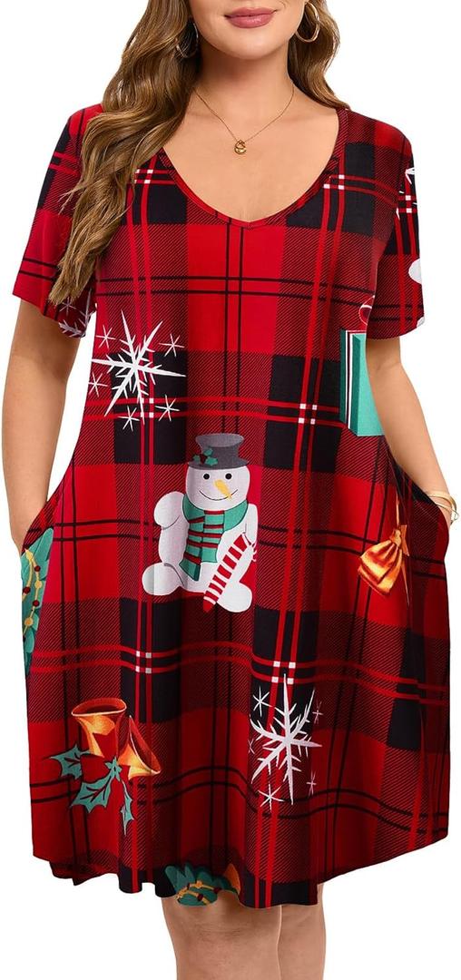 ZENNILO Women's Plus Size Swing Dress with Pockets Casual Summer Dresses V Neck Short Sleeve T Shirt Dress for Women (Large Plus, Flower46)