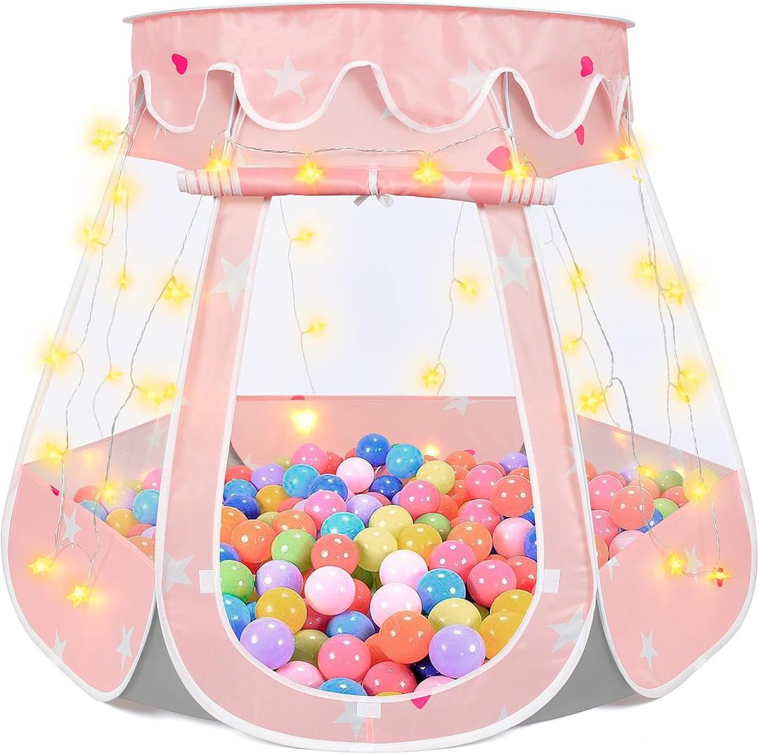Pop Up Princess Tent with Star Light, Toys for 3+ Year Old Girl Birthday Gift, Ball Pit for Months Baby Toys, Toddler Girl Gift, Easy to Pop Up and Assemble (Pink Gray)