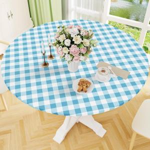 Smiry Round Picnic Tablecloth, Elastic Waterproof Fitted Vinyl Tablecloths for 45"-56" Tables, Flannel Backed Buffalo Plaid Table Cover for Dining, Camping, Outdoor, White and Aqua