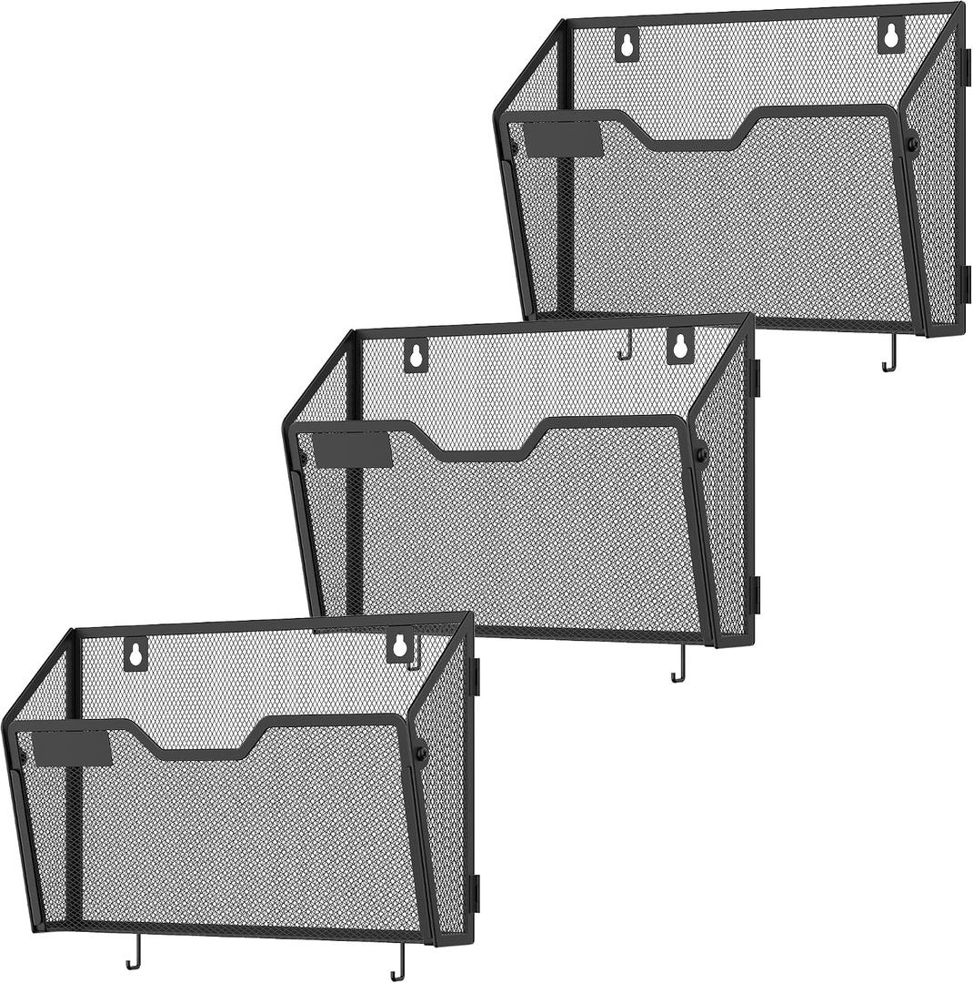 Docnest 3 Pack Mesh Wall File Holders with Hooks for Mail, Black