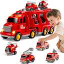 KIZONLY Fire Truck Toys for Toddler 1-3 3-5, 5-in-1 Fire Car Carrier Vehicle Set for Girls 1 2 3 4 5 6 Years Old, Transport Car with Light Sound, Birthdays Gifts for Kids Girls Aged 3-9
