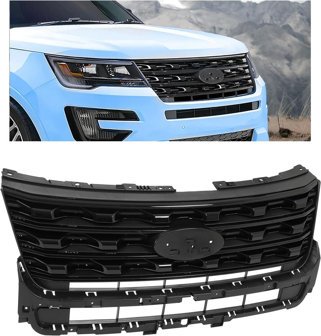 HECASA Front Upper Grille Compatible with 2016-2017 Ford Explorer Replacement for FO1200578 FO1200577 FO1200579 Bumper Grill Assembly Black