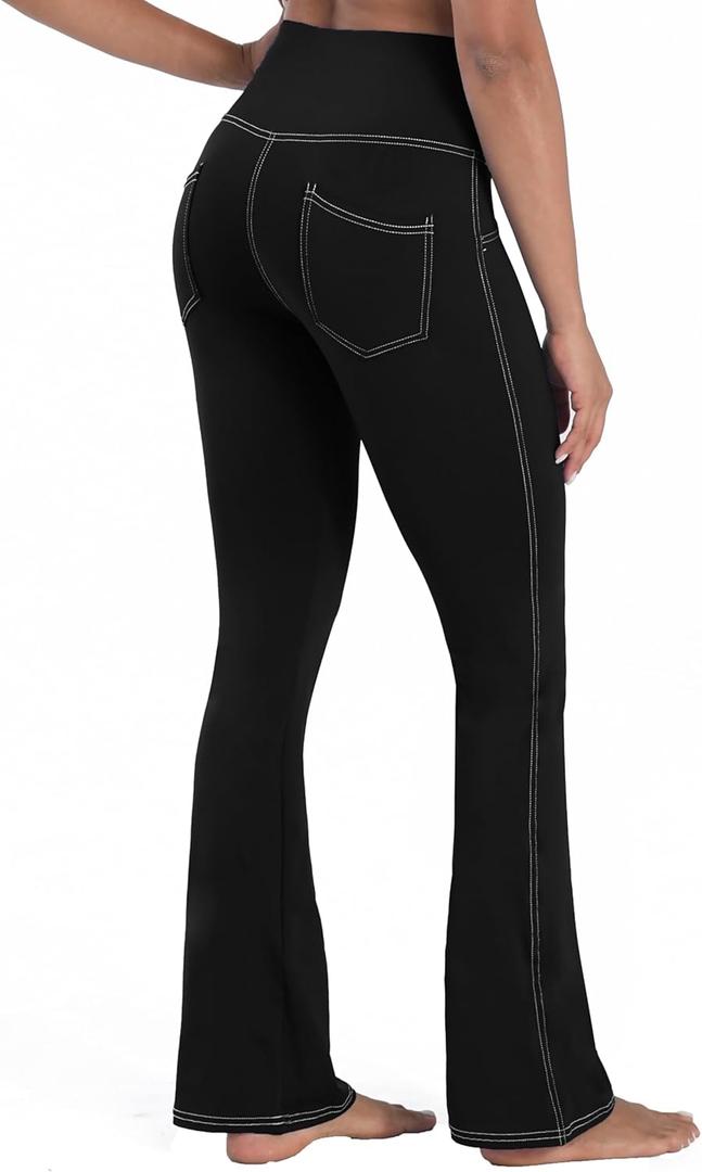 Women's Flare Yoga Leggings Tummy Control with Pockets Bootcut High Waist Pants with Contrast Stitching and Wide Leg  Size L