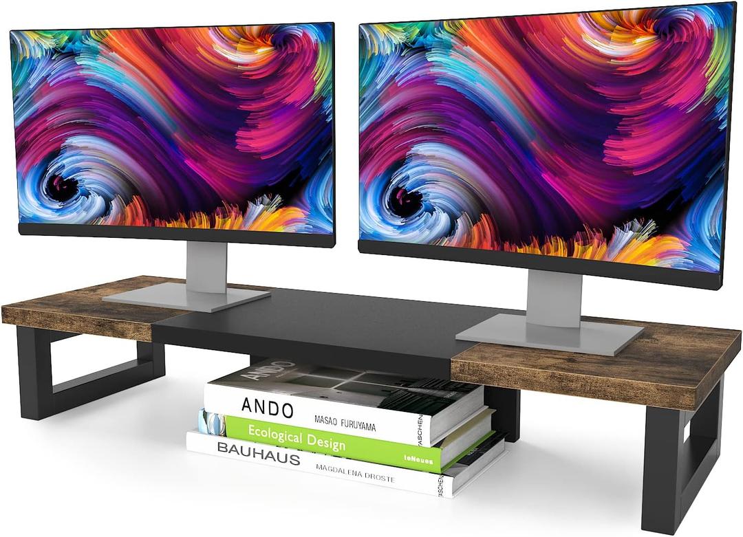WESTREE Dual Monitor Stand Riser, Wood and Steel Multi-Purpose Desktop Storage Stand for 2 Monitors for Computer, Laptop, Printer, TV, Rustic Brown (Large)
