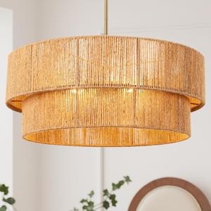 23.6'' Boho Rattan Chandelier Hand Woven Chandelier Light Fixture 3-Light Farmhouse Drum Pendant Light for Dining Room Bedroom Kitchen Hallway Foyer