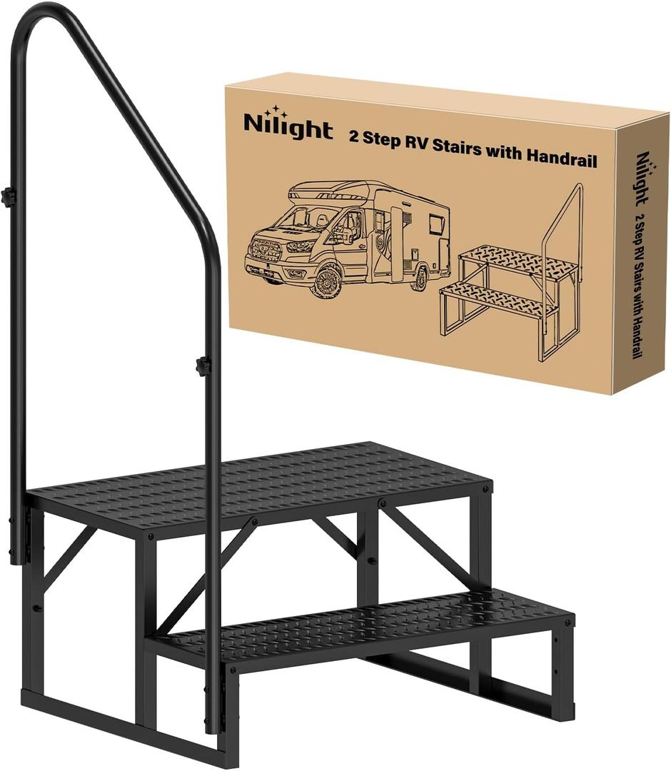 Nilight RV Steps with Handrail, 2 Steps Hot Tub Steps Outdoor RV Stairs Step Portable Mobile Motor Home Stairs for Camper Travel Trailers Dock Entry Steps 5th Wheel RV Porch with Anti-Slip Handrail