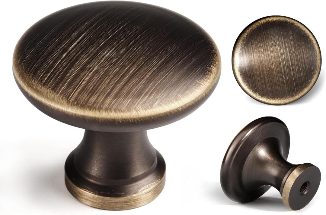 Antique Bronze Solid Brass Knobs for Cabinet 5 Pack Mid Centry Vintage Dresser Drawer Knobs 1-1/5" Diameter with 10 Screws