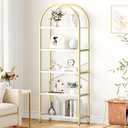 IDEALHOUSE Bookshelf 5 Tier Bookcase Arched Display Racks Tall Standing Bookshelves Metal Frame Modern Storage Rack Shelf Large Wood Book Shelf for Bedroom, Living Room, Home Office, White/Gold