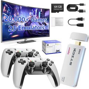 Retro Gaming Console, 2026 New Upgrade Retro Game Console Stick Built-in 20000+ Classic Games and 23 Emulators, Plug & Play 4K HDMI Output, Video Gaming Stick with Dual 2.4G Controllers (64GB)