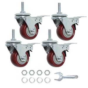 Finnhomy Swivel Caster Wheels 2 Inch Heavy Duty Threaded Stem Casters 1/4" - 20 x 1 with Brake Set of 4 for Wire Shelves Wheels PU Load Bearing 800 Lbs Anti-wear Smooth Casters, Red