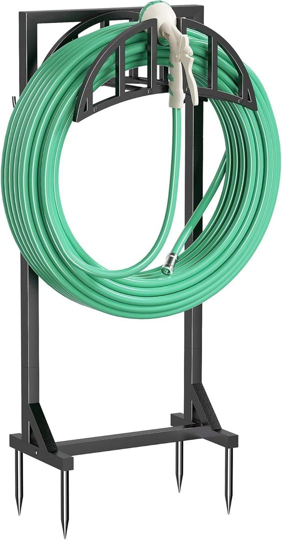 YQSLYSF Garden Hose Reel Holder, Water Hose Stand with 4 Stake and 2 Tool Hooks, Heavy-Duty Metal Hose Storage Holds 150Ft, Freestanding Hose Hanger Rack for Outside, Yard, Lawn, Farm（White）