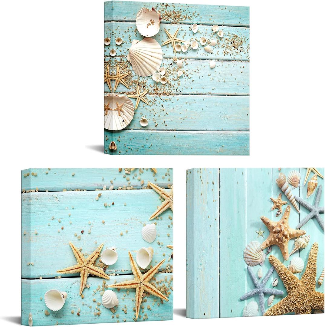 Nachic Wall Seashell Canvas Wall Art Starfish Pictures Wall Decor Modern Sea Ocean Painting on Canvas Bathroom Decoration Framed Ready to Hang