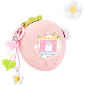 Strawberry Bubble Protective Case for Tamagotchi Paradise, Soft TPU Silicone Cover with Faceplate, Flower Shaped Zoom Dial Cap & Charms Set, Anti-Scratch & Waterproof (Pink)