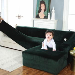 Stretch Sofa Slipcover L Shape Sofa Covers for Sectional Sofa Set,Couch Covers Chaise Lounge Covers for Dogs Pets Kids,Furniture Protector Covers for 3 Cushion Couch for Living Room(Green,3+3 Seat)