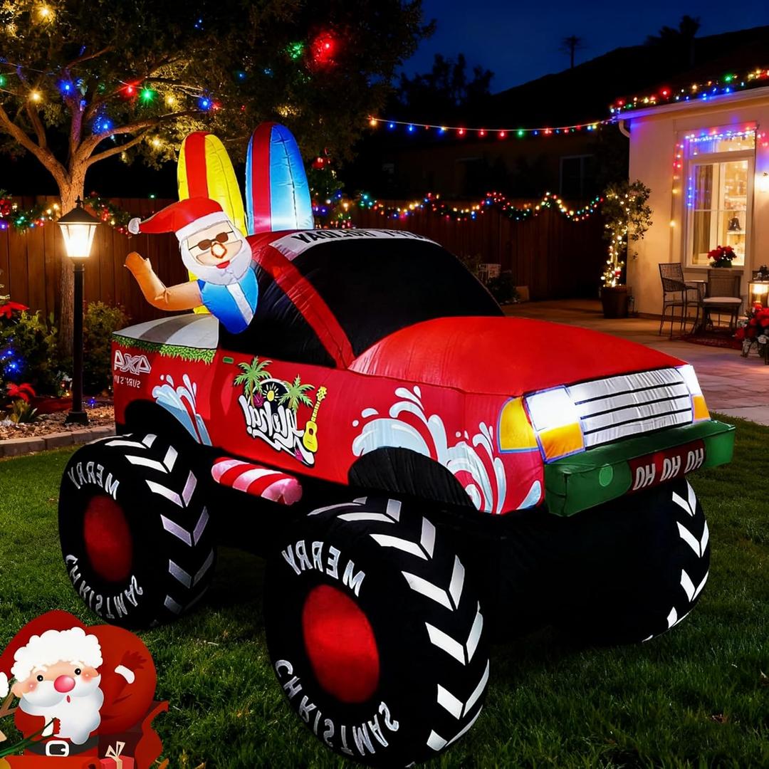 7FT Christmas Inflatables Monster Truck,Large Outdoor Santa Monster Truck Inflatable Driving Surfboard Clearance Funny Christmas Blow Up Car Yard Decoration with Lights for Garden Holiday