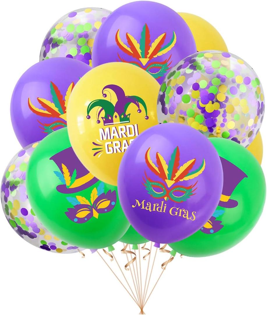 Totelux Mardi Gras Balloons 12’’ Carnival Mask Balloons Green Brown Gold Balloons Set for Mardi Gras Masquerade Rave Party Decorations Supplies 16Pcs