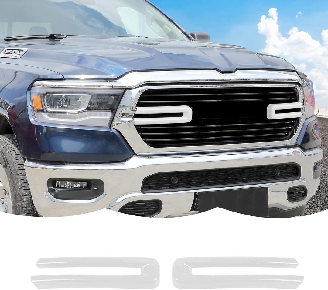 Front Grille Inserts Trim Cover Grill U Bar Cover Frame Decoration Exterior Accessories for Dodge RAM 2018 2019 2020 2021 2022, White