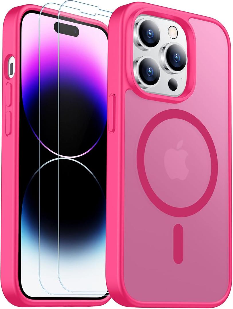 SPIDERCASE Designed for iPhone 14 Pro Max Case, Magnetic Translucent [2 Pack Tempered Glass Screen Protector] Anti-Fingerprint Anti-Scratch Case for iPhone 14 Pro Max 6.7, Hot Pink