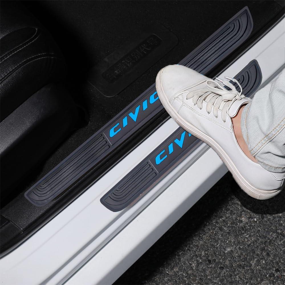 4pcs/Set Car Door Sill Plate Protectors - Black Soft Rubber Front/Rear Door Sill Scuff Plate Guard, Door Pedal Protector Stickers fit for Honda Civic (Blue)