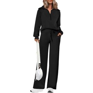 PRETTYGARDEN Women's 2 Piece Outfits Casual Lapel Half Zip Sweatshirts And Wide Leg Pants Tracksuit Sets (Large, Black)