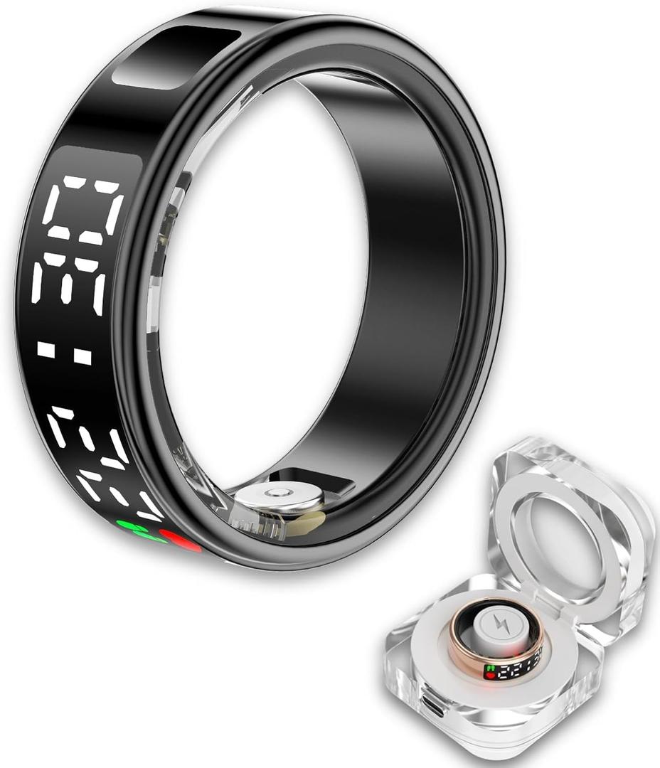 Smart Ring Health Tracker, Wearable Sleep Heart Rate Step Blood Oxygen Tracker, IP68 Waterproof Smart Ring with LED Screen to Track All Your Important Health Indicators (9, Black)