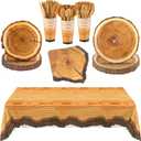 Kochorie 129 Pieces Rustic Wood Slice Paper Party Supplies for 16 Guests Disposable Plates Cups Napkins Utensils Wood Grain Plastic Tablecloth for Fall Birthday Autumn Camping Party Decorations
